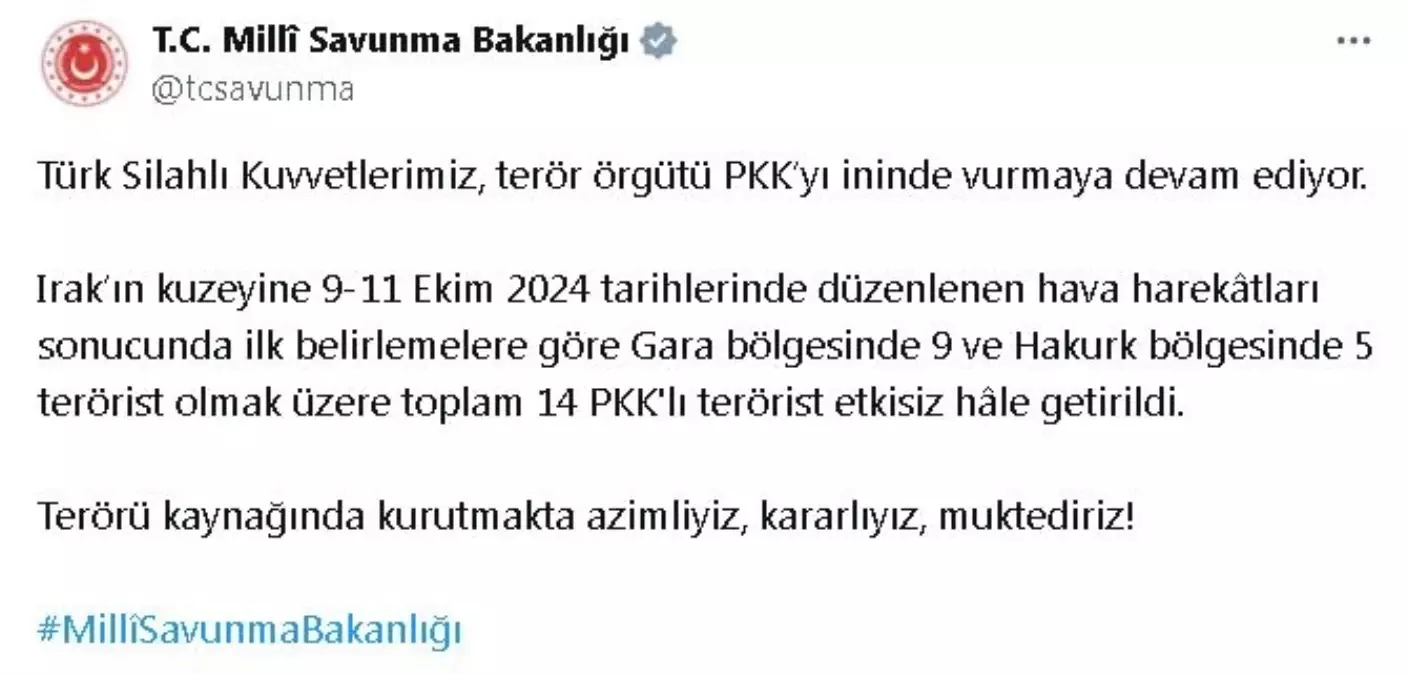 PKK’ya Hava Operasyonu: 14 Terörist Etkisiz Hale Getirildi